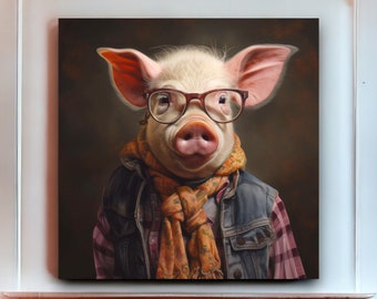 Urban Farm Pig Portrait with Glasses - Retro Modern Pop Wall Art, Canvas/Wood/Metal Print - Gifts and Home Decor