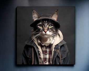 アーバンファーム グレー タビー猫アート | タビー猫プリント | 猫の肖像画 | 帽子をかぶった猫 | 猫のギフト | 猫アート | 猫プリント | 猫のポスター タビー | タビー