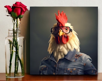 Urban Farm Rooster | Rustic Rooster Wall Art | Americana Art | Rooster Gifts | Colorful Rooster | Animal with Glasses | Americana Decor