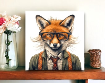 Urban Farm Dapper Fox | Fuchs-Kunstwerk | Buntes Tierportrait | Tierportrait viktorianisch | Fuchs mit Brille | Leinwand-Holz-Metalldrucke