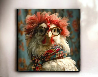 May include: A white chicken with a red comb and wattle wearing round glasses and a colorful scarf. The chicken has a pink and red feathered hairpiece. The background is a blue and green floral pattern.
