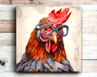 May include: A rooster with a red comb and wattle wears blue-rimmed glasses. The rooster has colorful feathers and a serious expression.