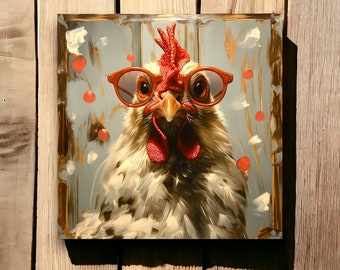 May include: A painting of a white chicken wearing red-rimmed glasses. The chicken has a red comb and wattle. The background is a light blue with white and red accents.