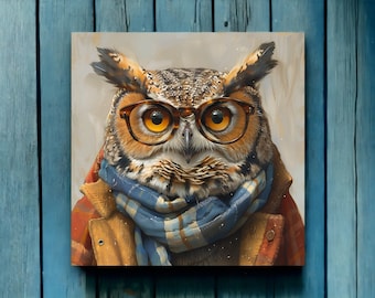 Puede incluir: Arte en lienzo cuadrado con una ilustración detallada de un búho con gafas, una bufanda a cuadros azul y beige y una chaqueta color óxido. El búho tiene plumas marrones y beige y ojos grandes y redondos de color naranja. El fondo es beige claro.