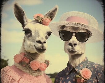 Urban Farm Llama's in Love Valentine's Day Portrait - Victorian Vintage Pink Wall Art, Canvas/Wood/Metal Print - Modern Gifts + Home Decor