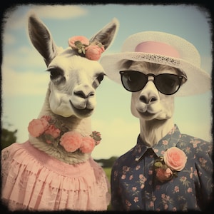Urban Farm Llama's in Love Valentinstag-Porträt – viktorianische Vintage-Wandkunst in Rosa, Leinwand-/Holz-/Metalldruck – moderne Geschenke + Heimdekoration