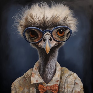 Retrato de emú de granja urbana en plumas y gafas azules, arte de pared pop moderno de pájaro, lienzo/madera/metal estampado, regalos victorianos modernos + decoración del hogar