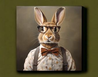Städtische Bauernhof Geschenke | Hase mit Brille | Süßer Hasen Print | Vintage Kaninchen Gemälde | Kaninchen Geschenke | Kaninchen Porträt | Gekleidet Kaninchen