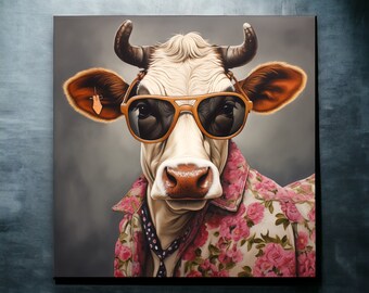Urban Farm Cow Poster Print | Cow Art Print | Cow Canvas Poster | Colorful Cow | Cow with Glasses | Cow Lovers Gift | British White Cow