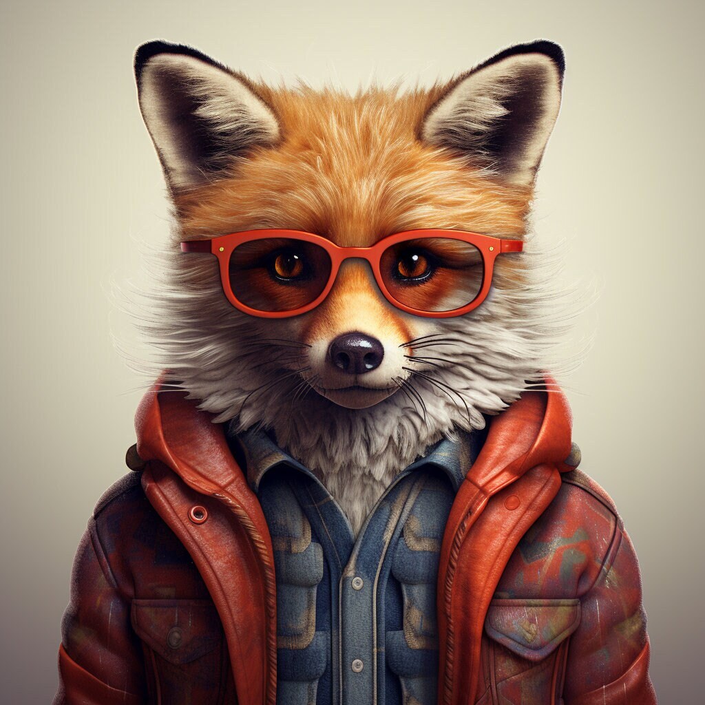 Urban Farmhouse Red Fox Art in Leather Jacket & Glasses - Retro Modern Pop Wall Art, Canvas/Wood/Metal Print - Gifts and Home Decor