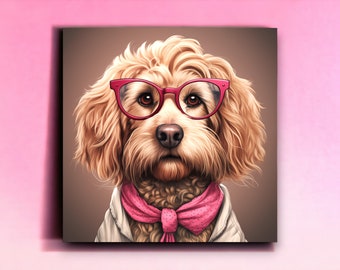 Retrato de Goldendoodle de Urban Farm con gafas rosas y bufanda, Labradoodle Retro Modern Pop Wall Art, lienzo/madera/metal estampado, regalos + decoración del hogar