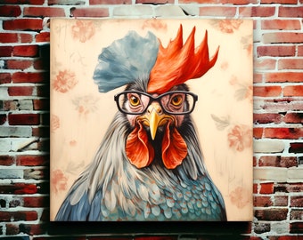 May include: A rooster with a blue and red comb and wattle wears a pair of black-rimmed glasses. The rooster has a blue and gray body with a floral background.