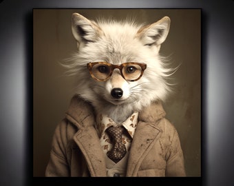 Urban Farm Cute Fox Wall Art Print | Fox Gift | Arctic Fox | Fox Artwork | Fox with Glasses | Animal Portrait Victorian | Artic Fox | Fox
