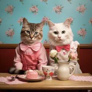 Portrait de chats amoureux de la ferme urbaine pour la Saint-Valentin - Art mural rétro moderne vintage, impression toile/bois/métal - Cadeaux Kitty et décoration d'intérieur