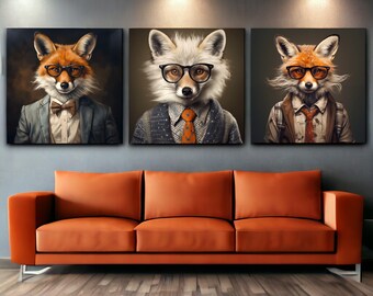 Urban Farm Art Print Set of 3 | Fox Artwork | Fox with Glasses | Victorian Animal Portrait | Triptych Wall Art | Set of 3 Wall Art | Fox