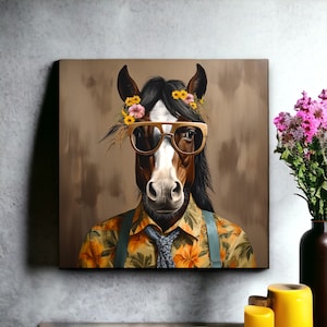 Urban Farm Horse | Bay Horse | Bay Horse Art | Horse Gift | Horse With Flowers | Horse Art Canvas | Horse Wall Decor | Animal with Glasses