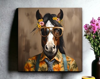 Cheval de ferme urbaine | Cheval bai | Art cheval bai | Cadeau cheval | Cheval avec des fleurs | toile d'art cheval | Décoration murale cheval | Animal avec des lunettes