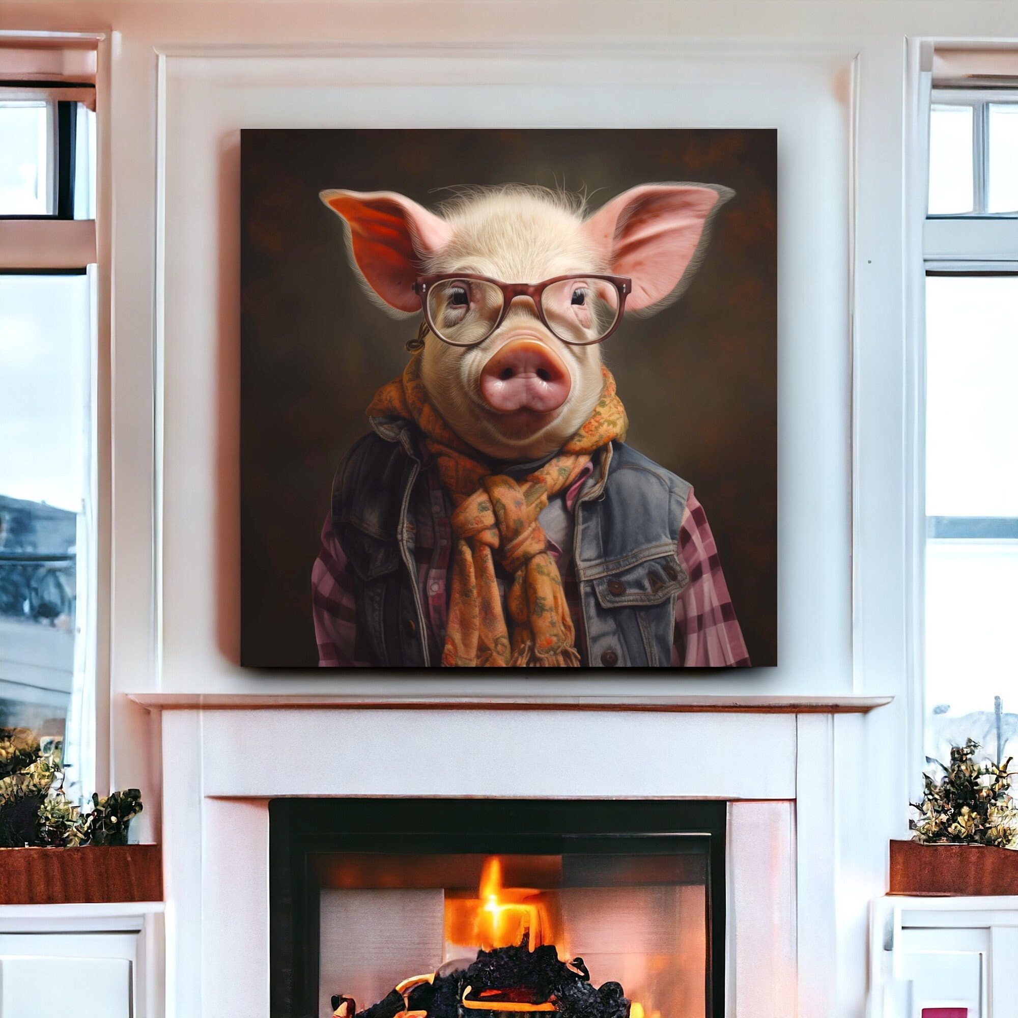 Urban Farm Pig Portrait with Glasses - Retro Modern Pop Wall Art, Canvas/Wood/Metal Print - Gifts and Home Decor