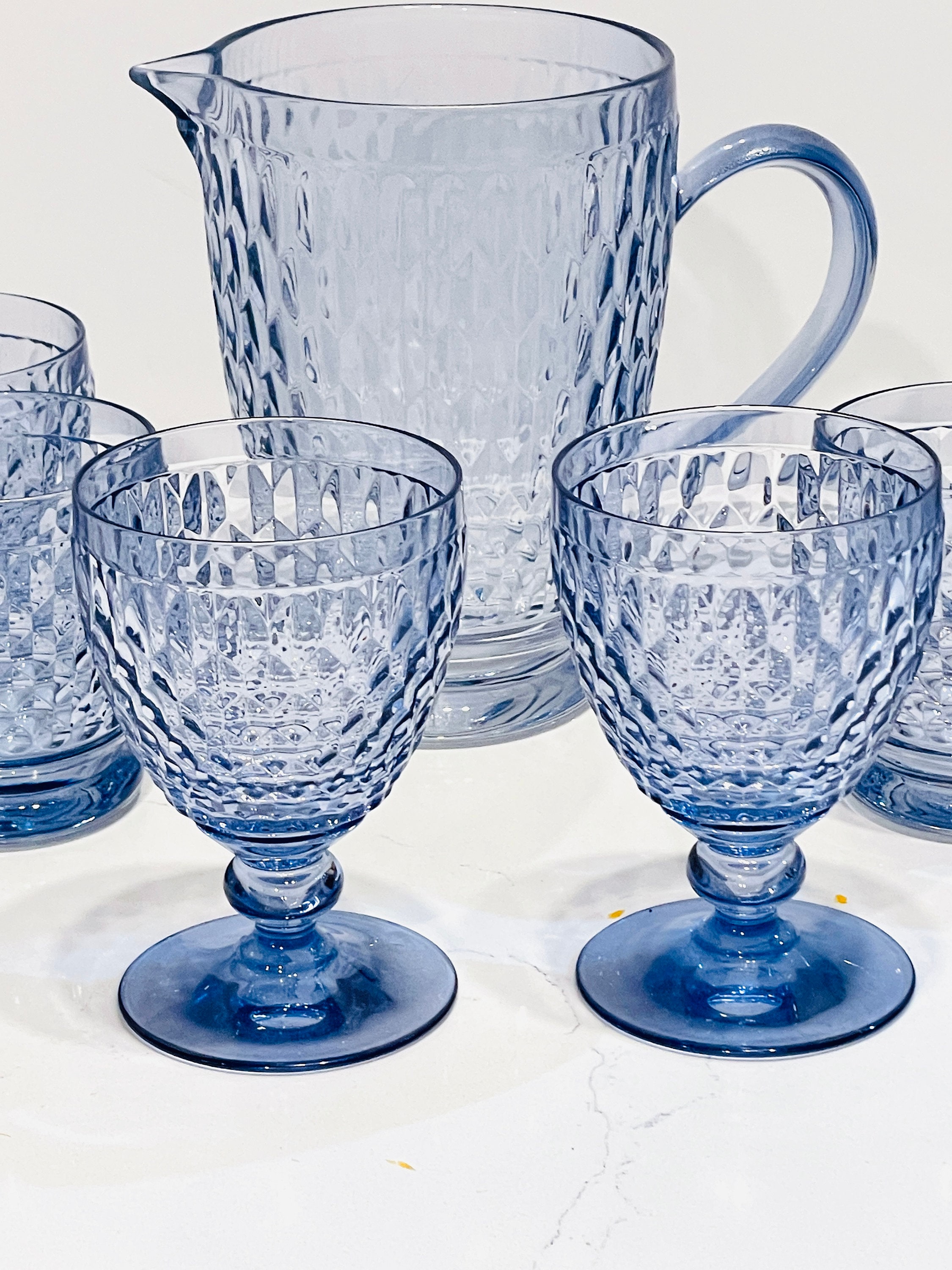 Villeroy and Boch, Boston Blue Crystal Stemware Pitcher, Claret and Double  Old Fashioned Glasses. 