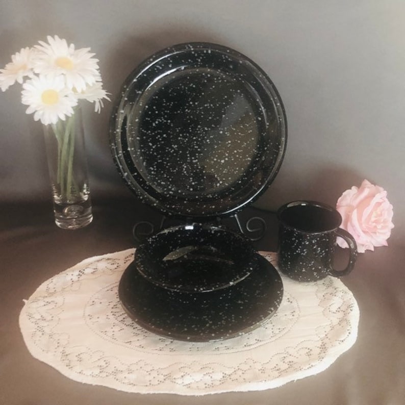 Crown Corning Vintage Granite Black Dinner Set Etsy