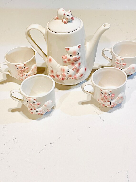 KMC, Piglet Tea Pot With Four Tea Cups, Collectable Tea Sets, Tea Pot,  Shabby Chic 