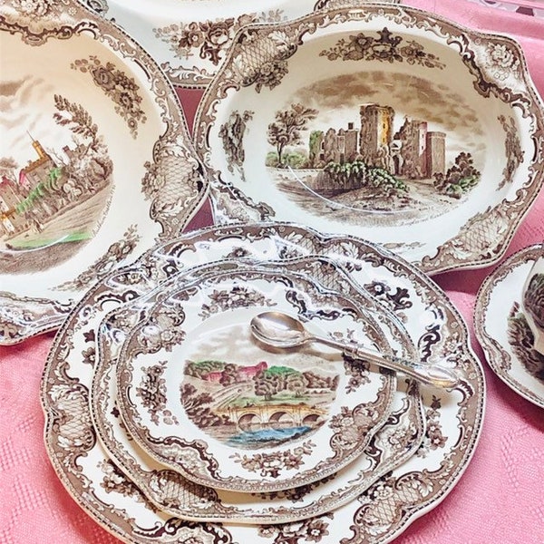 Johnson Br’s, Old British Castles multi-colored Vintage/Antique China.(1-5 piece set, plus extra replacement pieces)