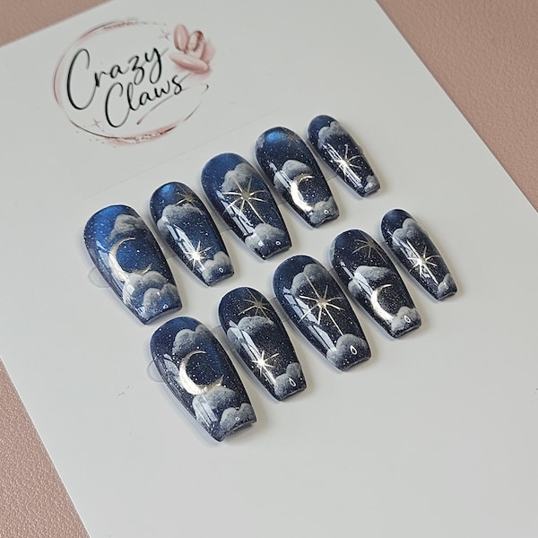 Blue Celestial Cat Eye Press On Nails