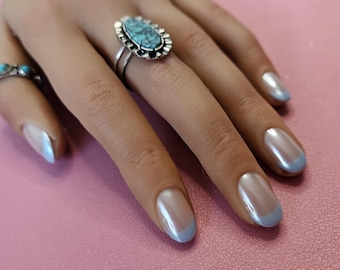 Reusable Press On Nails Blue French Chrome