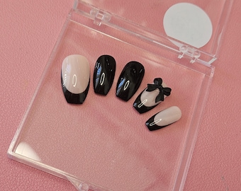 Press On nails Black French Tip/Bow charm