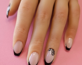 Press On Nails Black french/roses