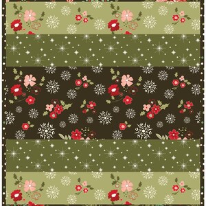 May include: A festive fabric design featuring alternating stripes of floral patterns, snowflakes, and holly. The color palette includes shades of red, green, and brown, creating a holiday theme. The design is suitable for various craft projects.