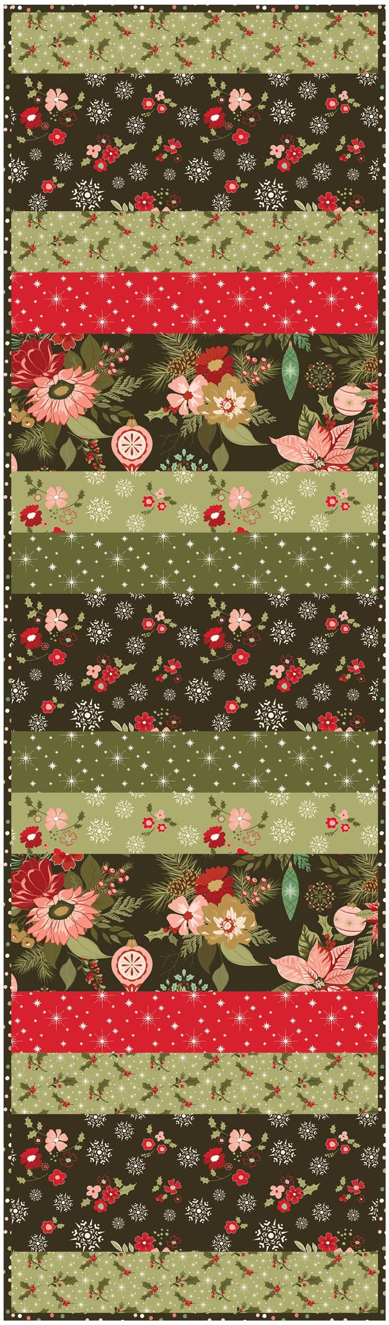 May include: A festive fabric design featuring alternating stripes of floral patterns, snowflakes, and holly. The color palette includes shades of red, green, and brown, creating a holiday theme. The design is suitable for various craft projects.