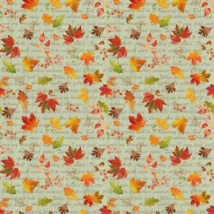 May include: A repeating pattern of autumn leaves in shades of red, orange, yellow, and brown, scattered across a light green background. The design includes acorns, berries, and handwritten script.