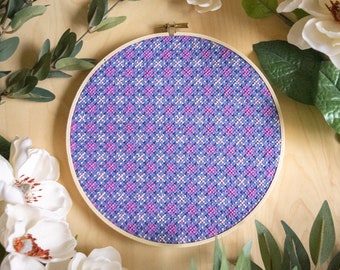 Geometric Plaid Pink and Purple Cross Stitch Hoop - Finished Piece