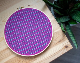 Pink, Teal, and Light Blue Striped Cross Stitch Hoop - Finished Piece