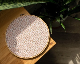 Pink & Tan Bohemian Patterned Cross Stitch Hoop - Finished Piece