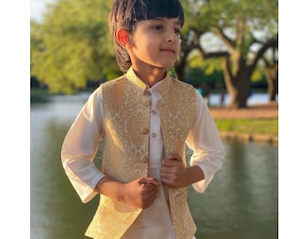 Gold vest 3 PC suit,pakistani/indian formal wear/Matching Daddy and son