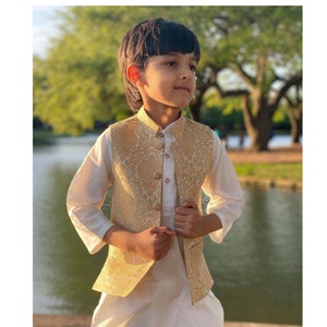 Gold vest 3 PC suit,pakistani/indian formal wear/Matching Daddy and son
