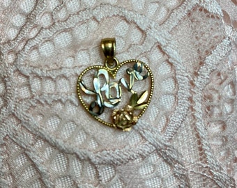 Beautiful Dainty 14k Tri Gold Love Heart Rose Pendant