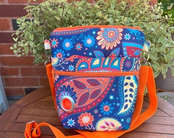 Large Orange walking/dog bag, water-resistant vintage style fabric, cross body/shoulder bag, 4 pockets, safe phone pocket, adjustable strap