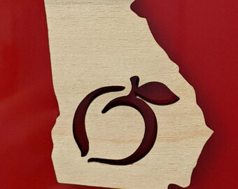 Small Georgia with peach magnet, fridge magnet, peach magnet, wood magnet, wood Georgia, travel magnet, travel momento, Georgia, gift