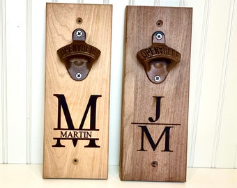 Wall Bottle Opener, Groomsmen Wall Bottle Opener, Personalized Wall Mounted Bottle Opener, Custom Engraved Wood Bottle Opener for Wall Mount