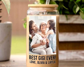 Custom Photo&Text Glass Coffee Can with Lid, Personalized Grandma Gifts, Custom Frosted Glass Tumbler, Photo Gifts for Her, Customized Mug