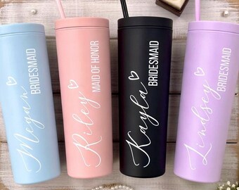 Tumbler with Lid and Straw, Bridesmaid Gifts, Personalized Bridesmaid Tumblers, Acrylic Rubber Tumbler, Skinny Tumbler, Bachelorette Party