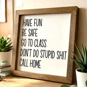 May include: A square wooden sign with a white background and black text that reads: HAVE FUN, BE SAFE, GO TO CLASS, DON'T DO STUPID SHIT, CALL HOME. The sign is framed in a medium-toned brown wood and sits on a surface between two small potted succulents.