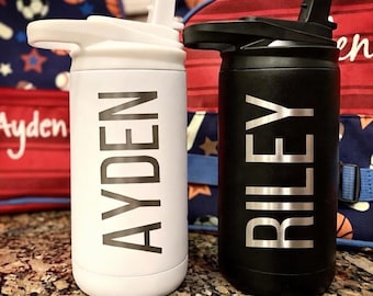 Personalized Kids Water Bottle with Straw, Back to School, 12 oz Stainless Steel Custom Laser Engraved for Boys and Girls, Summer Camp