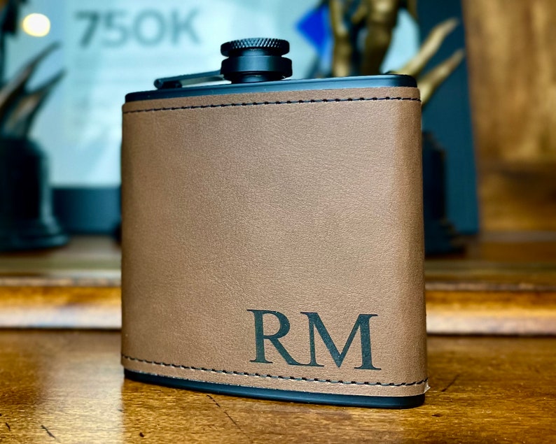 Personalized Flask for Men, Leather Flask, Flask Personalized, Flask Leather, Flasks Black w/ Brown