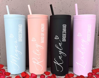 Tumbler with Lid and Straw, Bridesmaid Gifts, Personalized Bridesmaid Tumblers, Acrylic Rubber Tumbler, Skinny Tumbler, Bachelorette Party