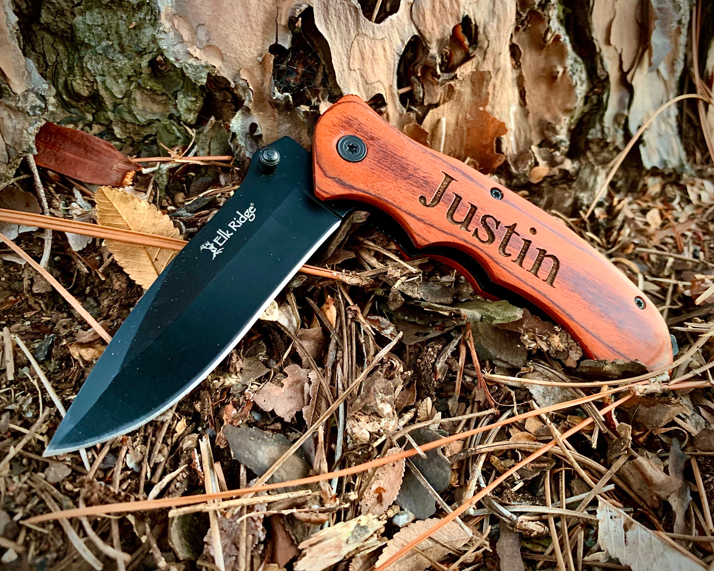 Wood Knife Groomsmen Gift Sets 6 Personaliz​ed Engraved Spring Assist Knives 