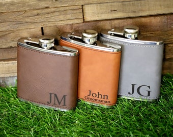 Details about   1-8 Groomsman Personalised Engraved Leather Black Silver Hip Flask Shot Glass